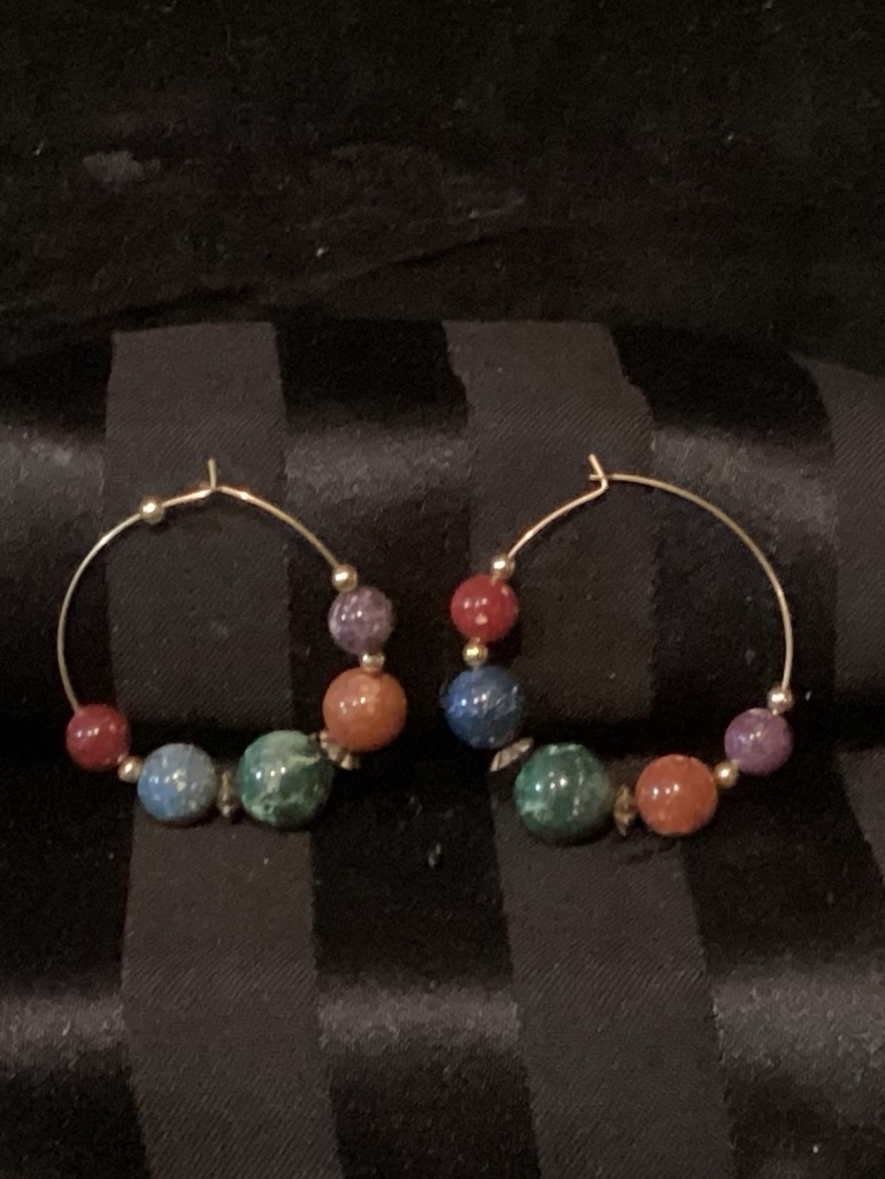 Multi-Color Beaded Hoop Earrings - Gold Tone